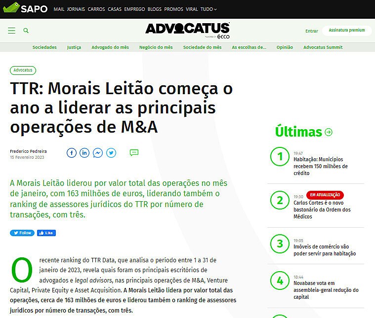 TTR: Morais Leito comea o ano a liderar as principais operaes de M&A